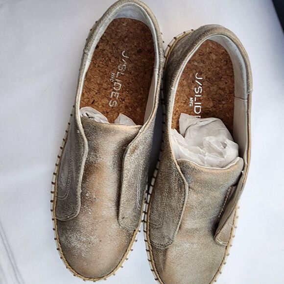 J Slides Slip On Sneaker Size 6 New Kayla Leather Cork Metallic Tab Whipstitch - Picture 3 of 13